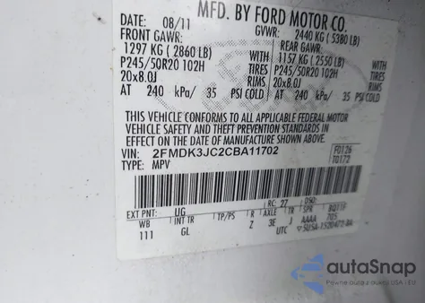 2012 Ford Edge Sel из США, поврежденный, VIN 2FMDK3JC2CBA11702